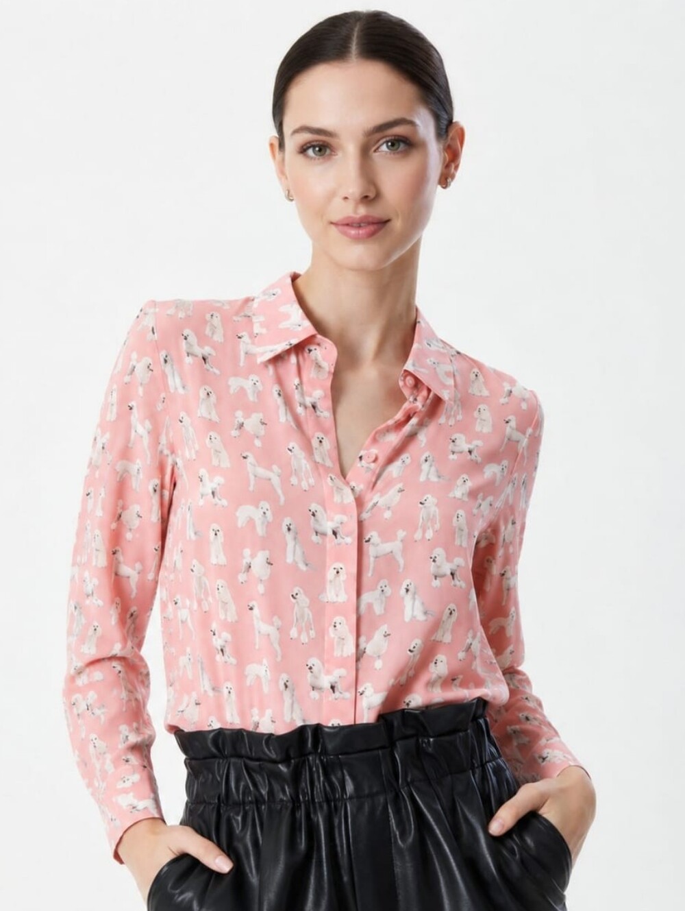 Alice + Olivia Willa Poodles Print Long Sleeve Silk Blouse - Pink, Size S